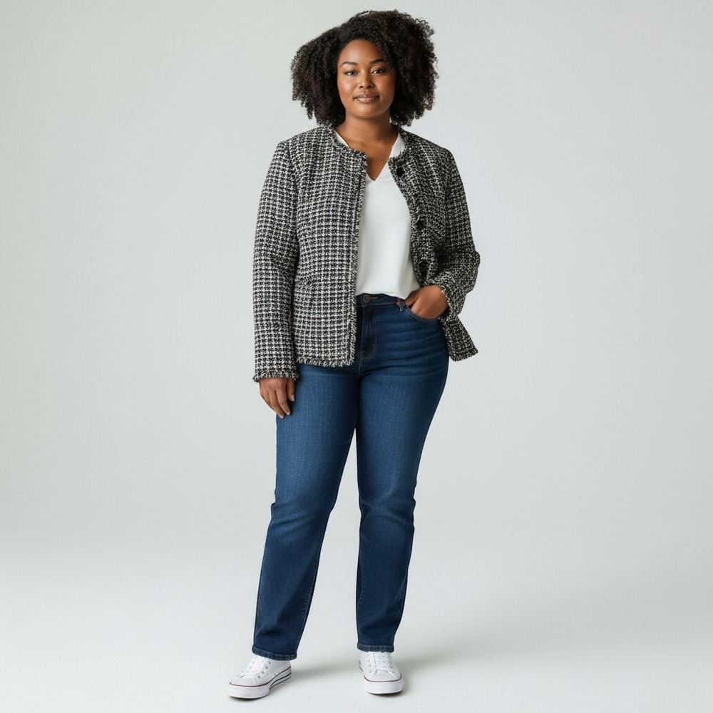 Lane Bryant Women 18 Black White Tweed Fringe Trim Button Front Jacket